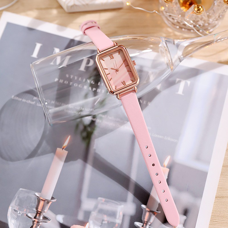 Jam Tangan Kecil Wanita Dial Kotak Gradasi Analog Quartz Strap Pu Leather Fashion Import