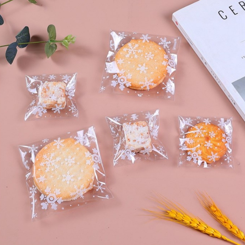 100 Pcs Permen Biskuit Baking Pouch Multi-Spesifikasi Natal Pernikahan Pesta Masa Kini Tas Self-sticky Portable Jewel Toy Storage Bags Tas Kepingan Salju Transparan Tahan Lembab