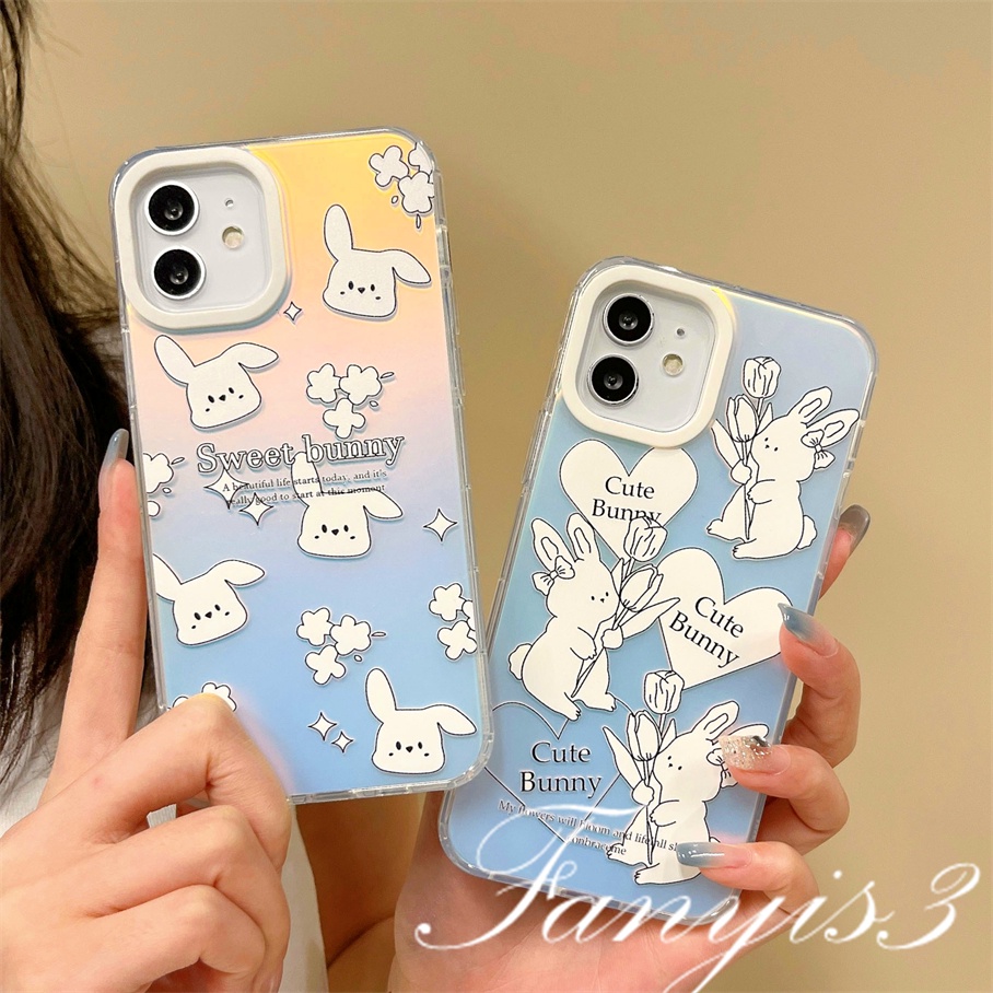 Compatible For IPhone 14 13 12 11 Pro Max X XR Xs Max 8 7 Plus SE 2020 Kompatibel Untuk Cute Sweet Little Rabbit Bunny IMD Laser Gradient Phone Case TPU Lembut Shockproof Cover Pelindung