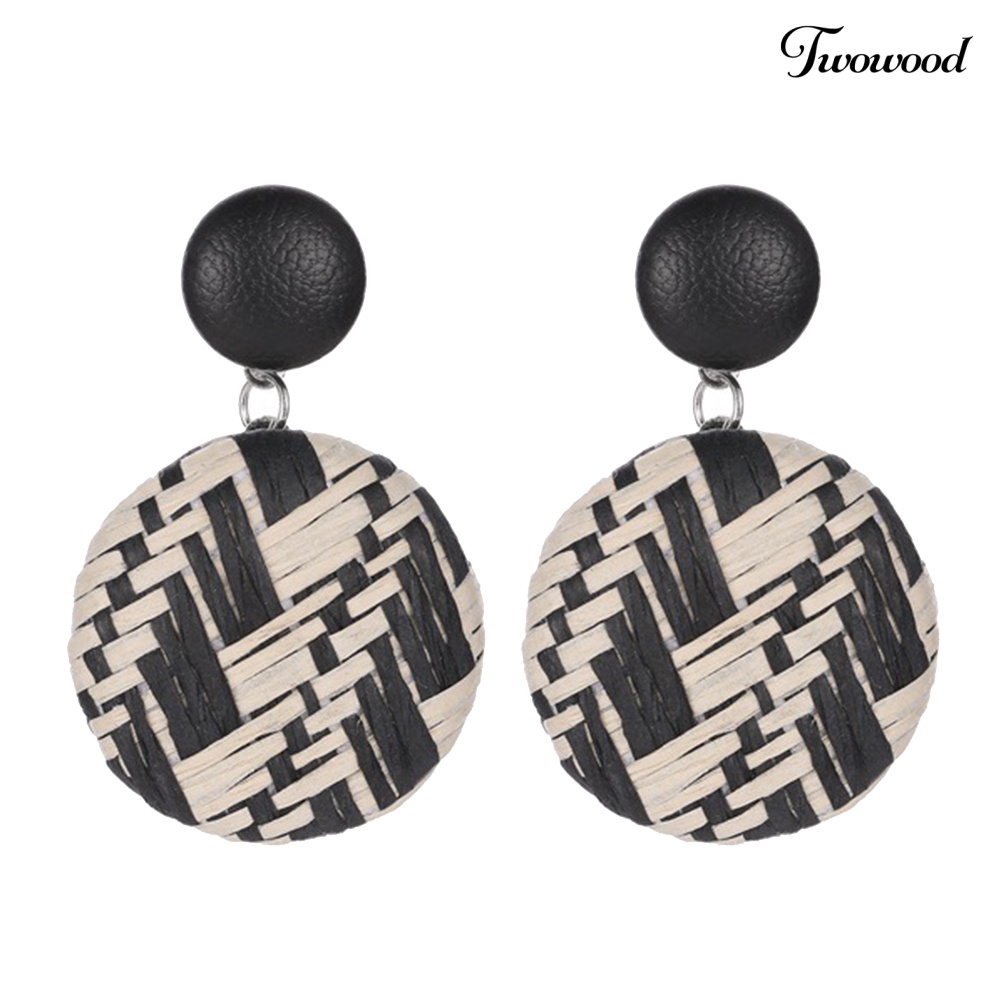 Twowood Boho Wanita Geometris Tombol Bulat Anyaman Jerami Menjuntai Stud Earrings Perhiasan