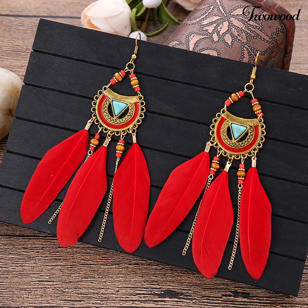 Twowood 1pasang Anting Kait Gaya Bohemia Etnik Bulu Sintetis Indah Lady Boho Anting Menjuntai Untuk Prom