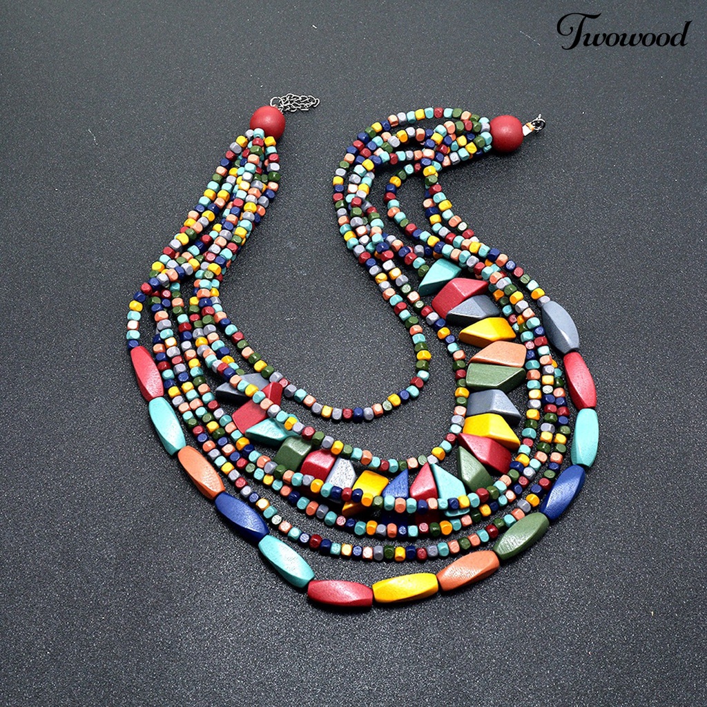 Twowood Pesta Kalung Berlebihan Vintage Multilayer Handmade Colorful Beads Dress Up Fashion Item Etnik Rumbai Kayu Manik-Manik Bib Kalung Pesta Liburan Perhiasan