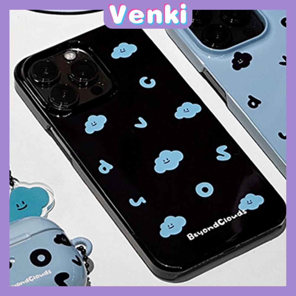 VENKI - Untuk iPhone 14 Pro Max iPhone Case Grip Berdiri Tersenyum Dudukan Lipat Hitam Glossy TPU Soft Case Huruf Biru Kompatibel dengan iPhone 13 Pro max 12 Pro Max 11 xr xs max 7 8Plus