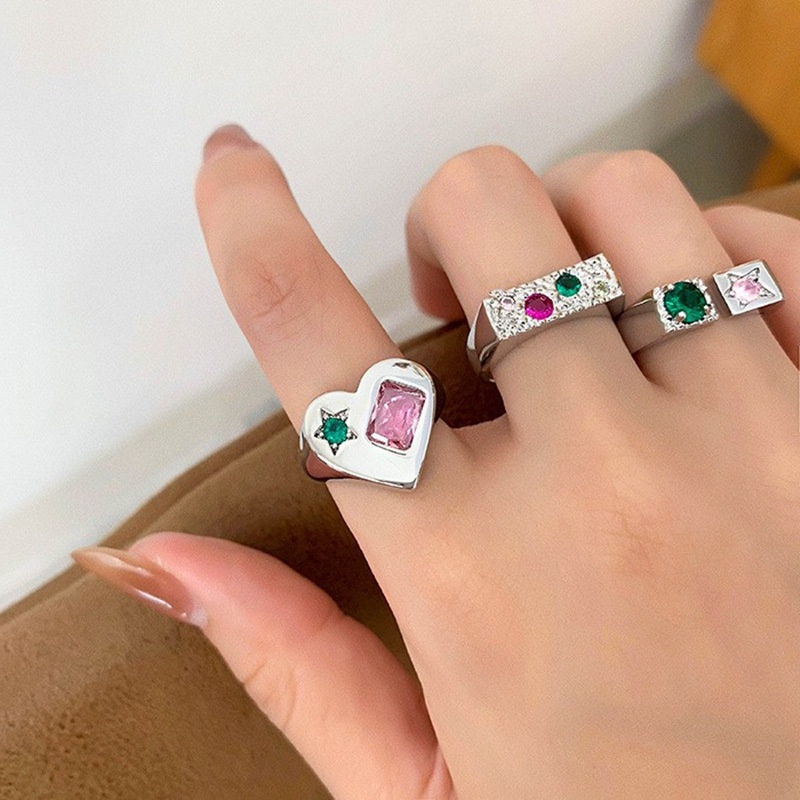 S925 Perak Cincin Terbuka Warna Zirkon Hati Bintang Jari Telunjuk Rings Perempuan