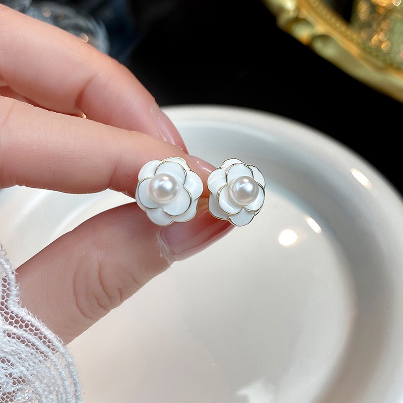 Anting Tusuk Camelia Anting Mutiara Bunga Putih Elegan Untuk Aksesoris Perhiasan Wanita