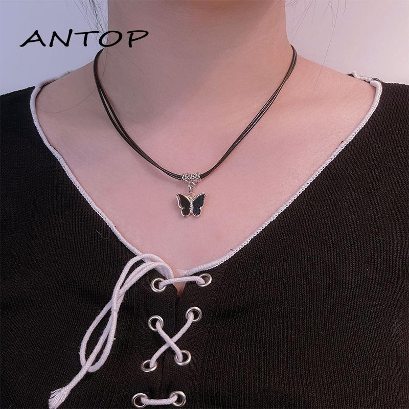 [antop] Double Layer Liontin Kupu-Kupu Perempuan Jantung Bunga Tulang Selangka Rantai Sederhana High-end Kalung