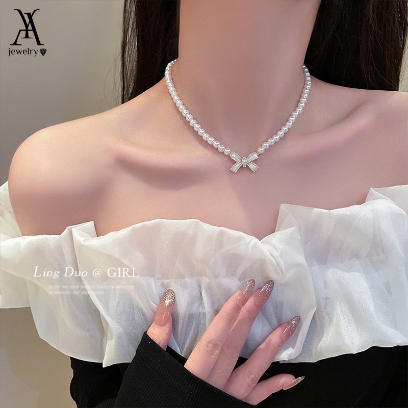 Ay (CN) Kalung Rantai Manik Mutiara Choker Liontin Busur Putih Elegan Untuk Aksesoris Perhiasan Wanita