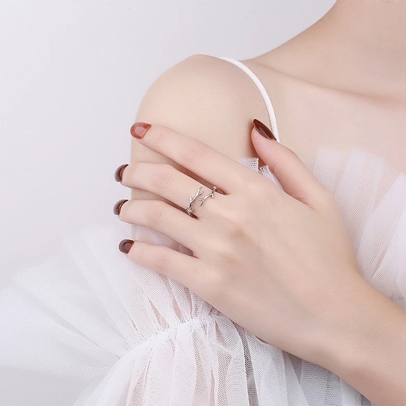 Kreatif Indah Fashion Wanita Cabang Daun Pembukaan Cincin Kepribadian Chic Sederhana Gadis Warna Perak Tanduk Adjustable Jari Cincin Perhiasan Hadiah