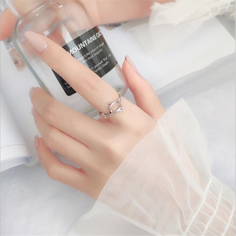 Kreatif Indah Fashion Wanita Cabang Daun Pembukaan Cincin Kepribadian Chic Sederhana Gadis Warna Perak Tanduk Adjustable Jari Cincin Perhiasan Hadiah