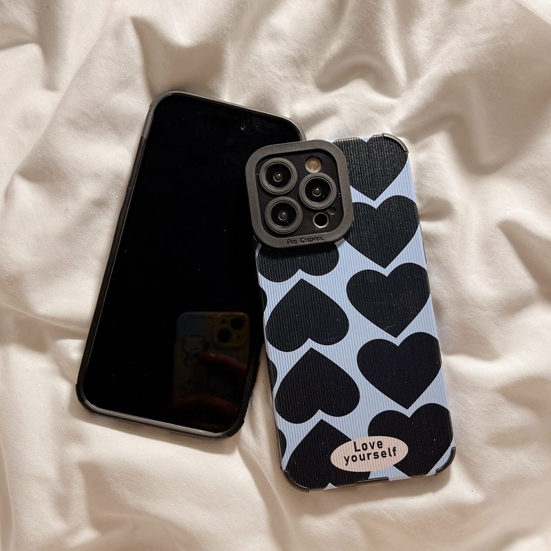 Soft sheepskin Leather Case IPhone 6S 7 8 Plus SE 2020 X XR XS Max 11 12 13 14 Pro Max 14 Plus Camera Protect for Girl women Black Blue Love lattice