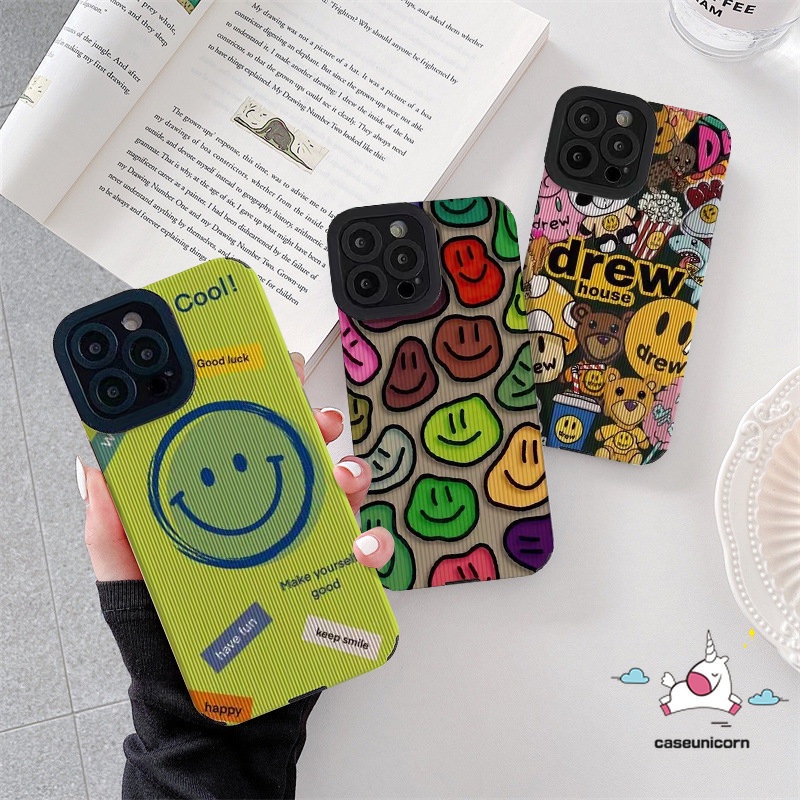 IPHONE Casing Kompatibel Untuk Iphone11 14 12 13 Pro MAX XR 7Plus 8Plus 7 8 Plus X XS MAX Kartun Lucu Smiley Face Binatang Lucu Beruang Tekstur Kulit Mewah Silicon Lembut Shockproof Case