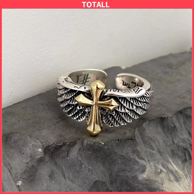 COD Cincin Pria Vintage Wings Cross Grafiti Surat Terbuka Cincin Pribadi-Totall