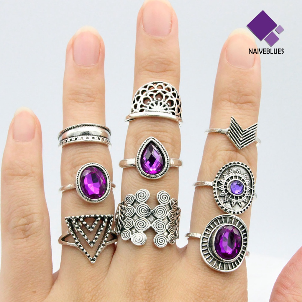 &lt; Naiveblues &gt; 9Pcs/set Water Drop Stackable Knuckle Rings Alloy Bohemia Permata Ungu Jari Perhiasan Aksesori