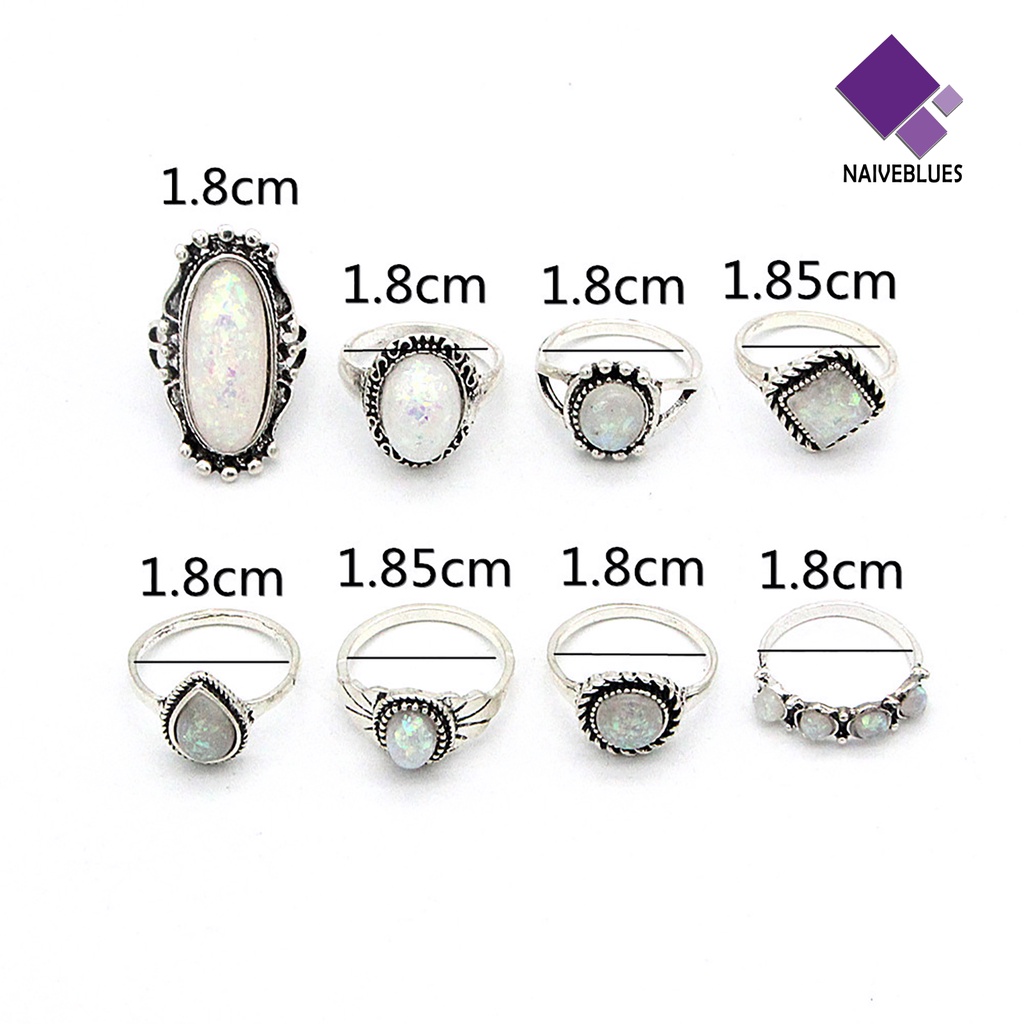 &lt; Naiveblues &gt; 8Pcs/Set Cincin Buku Jari Dapat Ditumpuk Persegi Warna Silver Gaya Etnik Permata Jari Perhiasan Aksesori