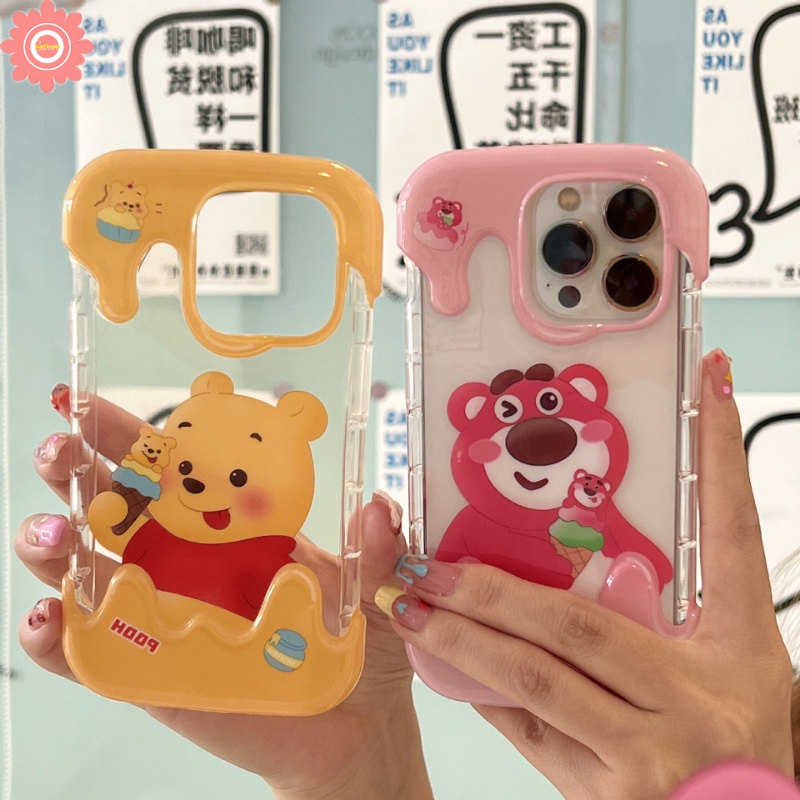 3d Ice Cream Cute Strawberry Bear Case Kompatibel Untuk IPhone 7Plus 8Plus 11 14 13 12 Pro Max XR 7 8 Plus X XS Max SE 2020 Kartun Winnie the Pooh Shockproof Airbag Soft Cover