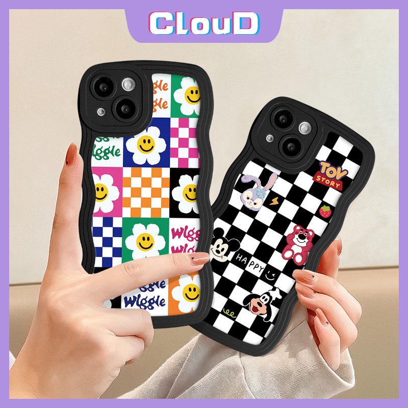 Casing Bunga Kotak-Kotak Untuk Redmi 9C 12C 9T 9A 10 10C A1 9 10A A1+Mi 11T Pro Redmi Note 9s 10s 10 11 11s 8 9 Pro POCO M3 X3 NFC Pro Wavy Edge Lembut Lucu Strawberry Bear Smile Sarung