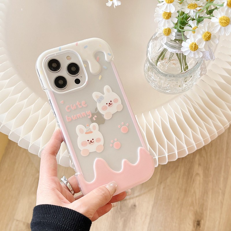 【3D Ice Cream】Summer 3D Soft Case IPhone XR XS Max 11 12 13 14 Pro Max 14 Plus for Women Girl Gift Cartoon Lovely Pin Rabbit Bunny