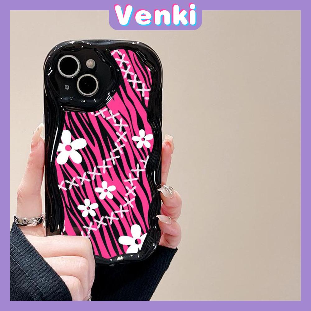 VENKI - For iPhone 11Phone Case Curved Edge Wave Case Glossy Black TPU Airbag Shockproof Camera Case White Floral Compatible with iPhone 14 13 Pro max 12 Pro Max xr xs max 7 8Plus