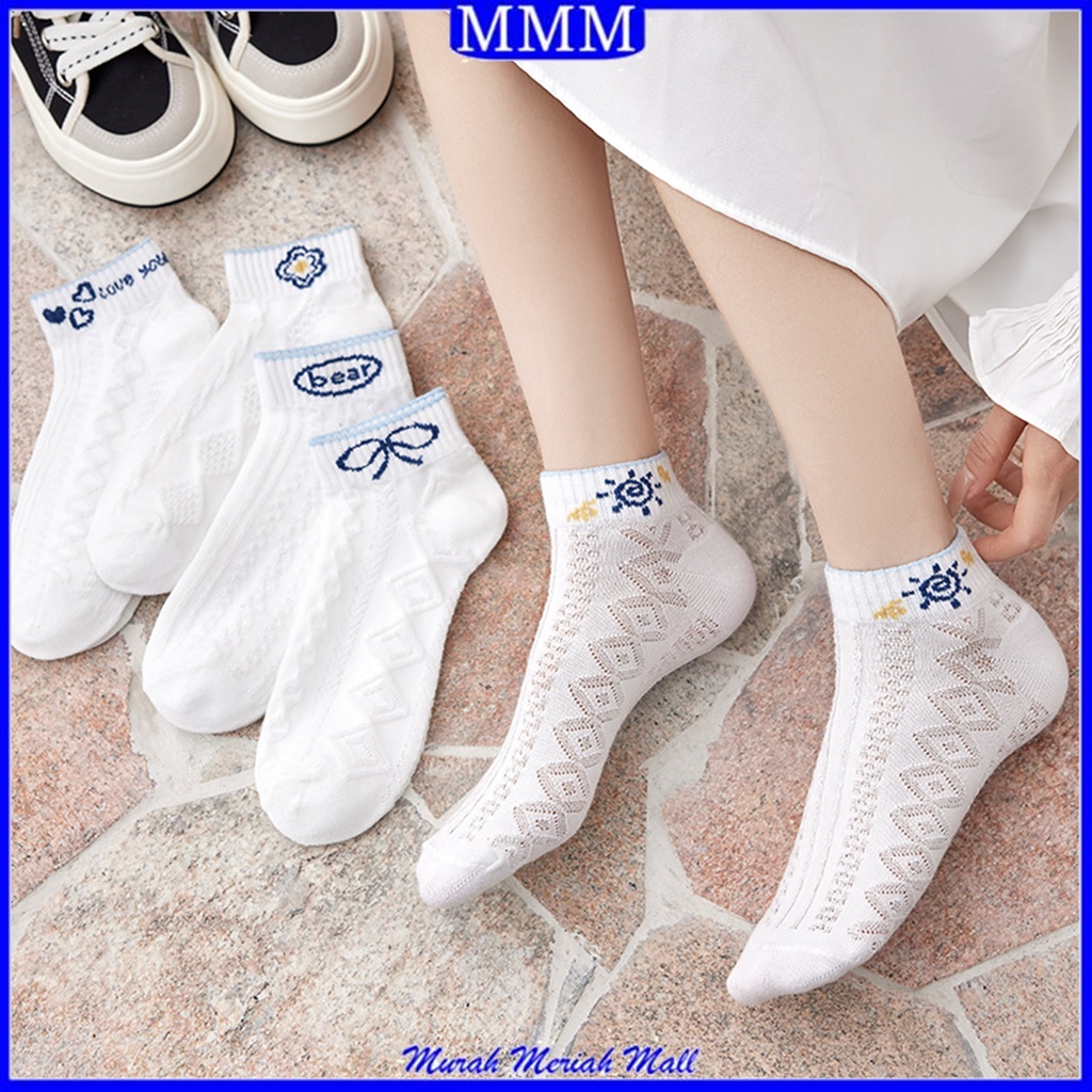 MMM Kaos Kaki Mid Socks Wanita Motif Love Pita Putih Biru Estetik 6757 Diatas Mata Kaki Kaus Kaki Pita Bunga Murah Import