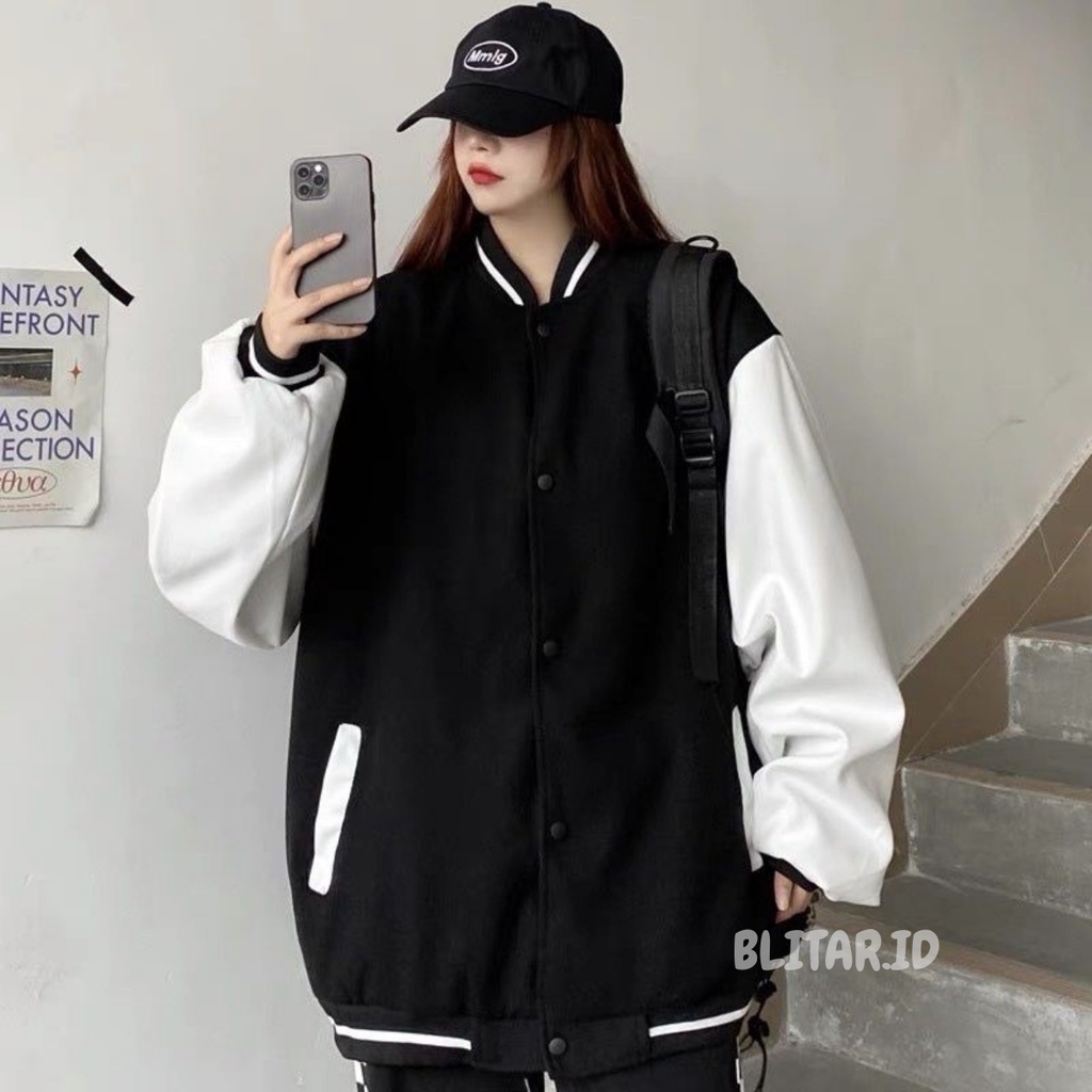 Jaket Varsity Bomber Zipper Kancing Hoodie Sweater Pria Wanita Cewek Cowok Laki Laki Perempuan Remaj