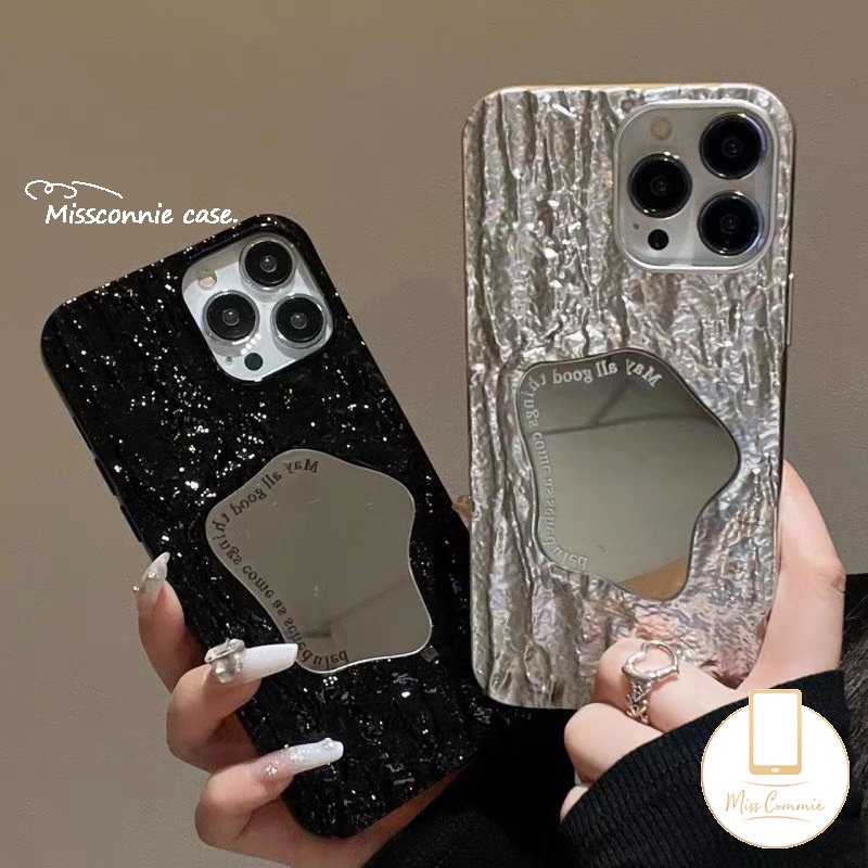 Luxury Electroplate Plating Kerut Case Kompatibel Untuk IPhone 7Plus 8Plus 11 13 14 12 Pro MAX XR X XS Max7 6 6S 8 Plus SE 2020 Kreatif Make Up Cermin Shockproof Phone Cover