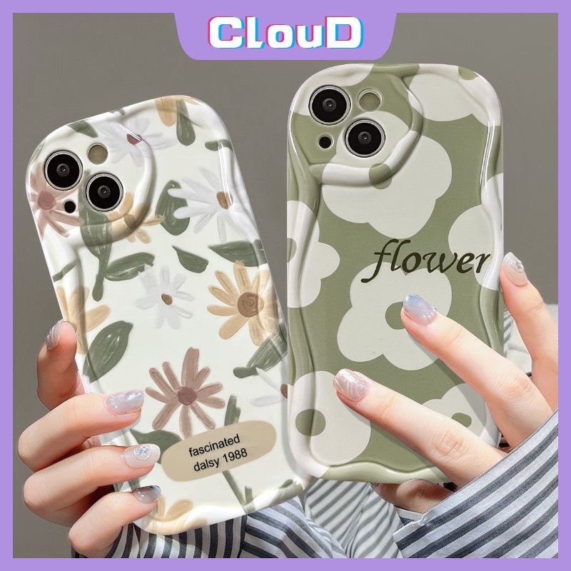 IPHONE Case Bunga Segar Kompatibel Untuk Iphone7 6 6s 8plus X XR 13 11 14 12 Pro Max XS Max 7Plus SE 2020 Lembut Tpu 3D Wavy Curved Edge Glossy Terpesona Daisy Floral Cover