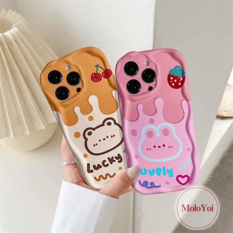 Casing Pasangan Tepi Melengkung Bergelombang 3D Kompatibel Untuk IPhone XR XS X Max8 7 6 6s Plus 11 13 14 12 Pro Max SE 2020 Doodle Lembut Tpu Kartun Cherry Ice Cream Beruang Lucu Rabbit Phone Cover