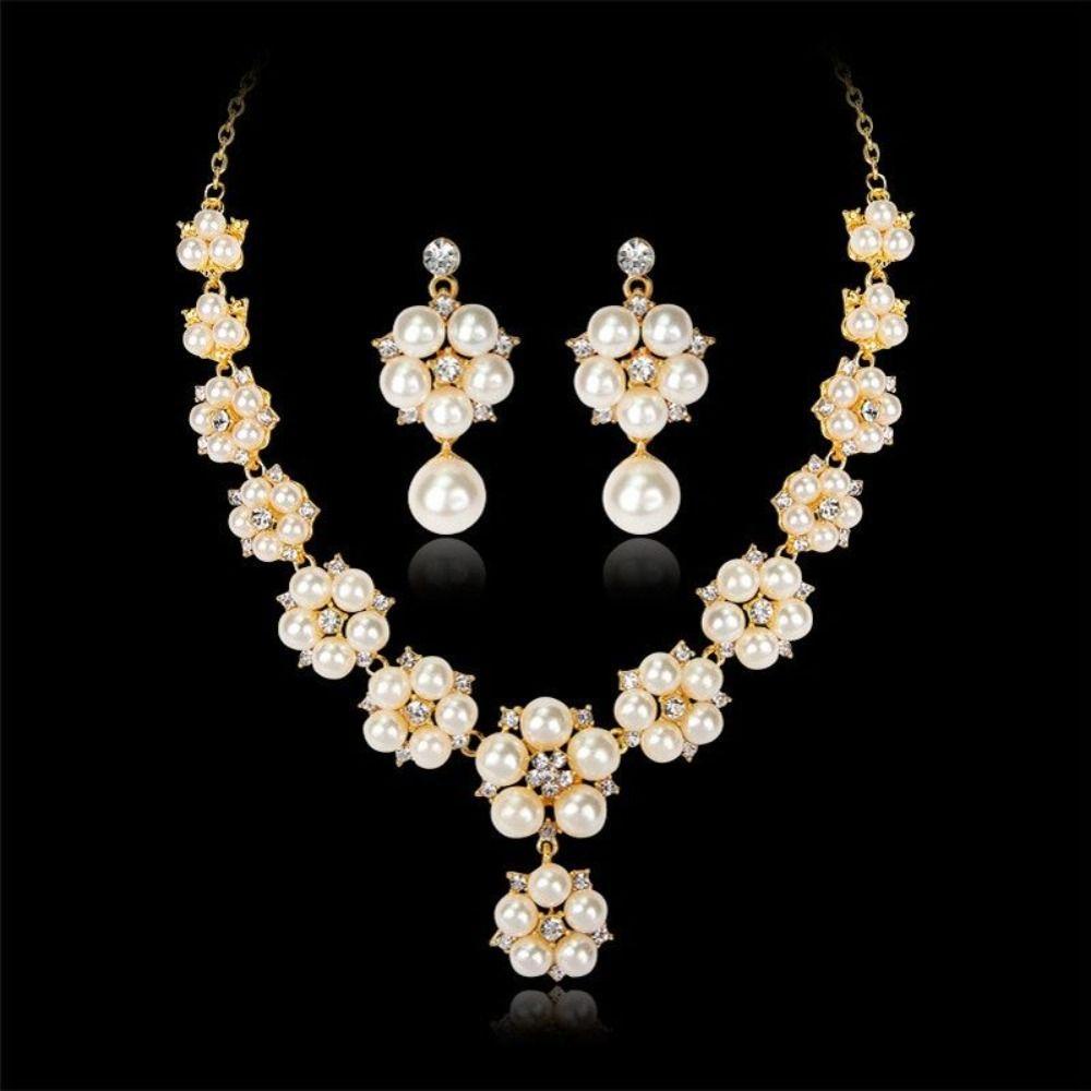 Needway  Set Perhiasan Perak Emas Mutiara Mewah Klasik Shiny Alloy Crystal Jewelry