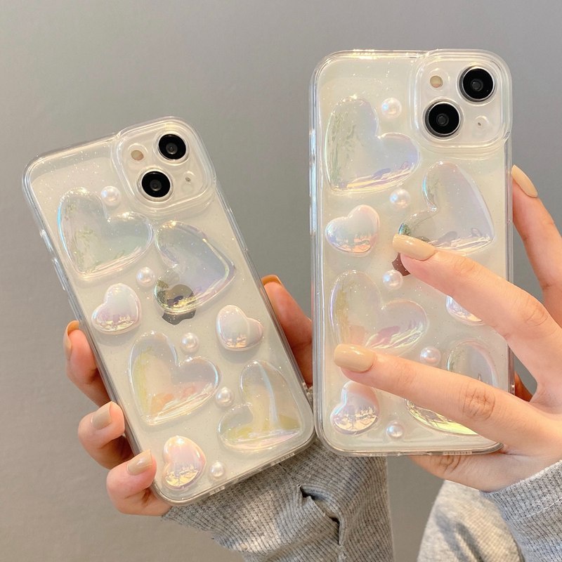 3D Crystal Laser Pearl Love Soft Case for IPhone 7 8 Plus X XS XR XS Max 11 13 12 14 PRO Max 14 Plus Clear Phone Case for Girl Women Gift