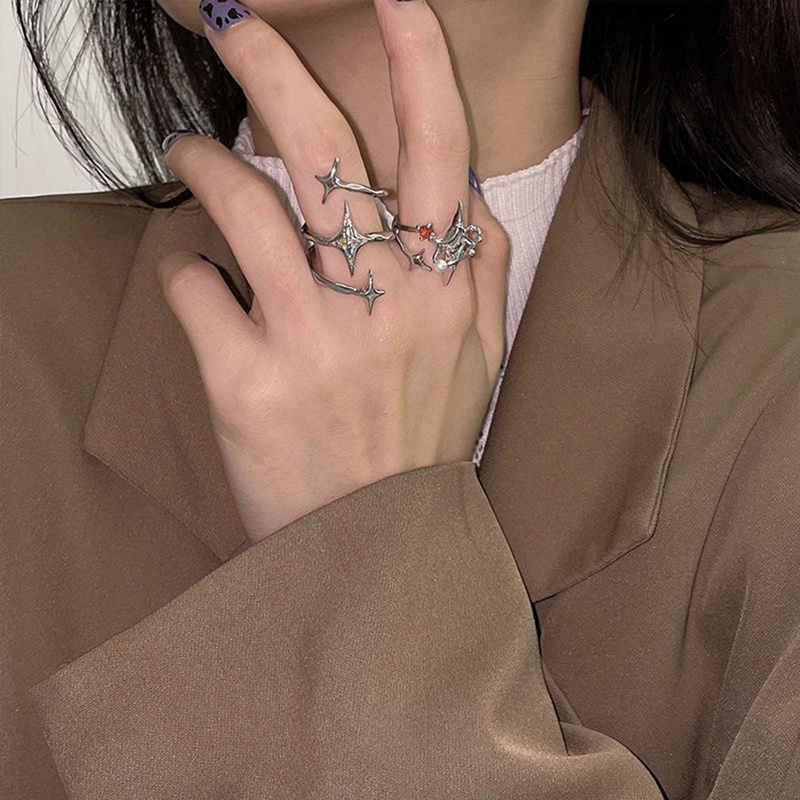 Baru Shiny Star Cross Irregular Crystal Rings Untuk Wanita Unisex Pasangan Cincin Tunangan Pesta Aksesoris Perhiasan Kreatif