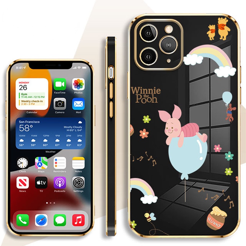 Winnie the Pooh Case for Oppo A9X A92019 F11 11PRO RENO RENO34G F15 A91 RENO44G RENO54G/5G RENO5K RENO64G RENO74G RENO84G F21PRO4G F21SPRO4G RENO7Z5G RENO8Z A9 Electroplate Shockproof Cases Square Edge Cover Scratch Resistant Plating Casing