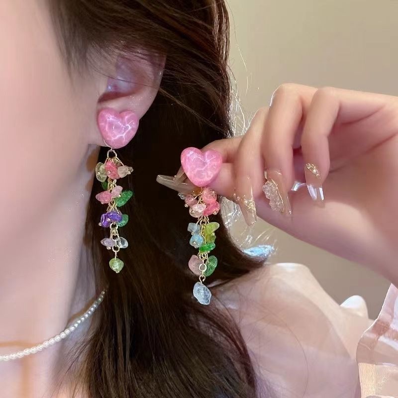 Ins Gaya Kristal Bentuk Hati Menjuntai Anting-Anting/Temperamen Manis Merah Muda Cinta Batu Rumbai Drop Anting-Anting Perhiasan Fashion