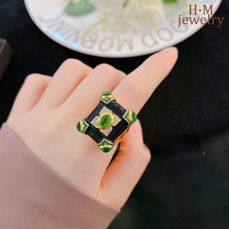 Gelang Batu Akik Hitam Enamel Glaze Vintage Emerald Ring