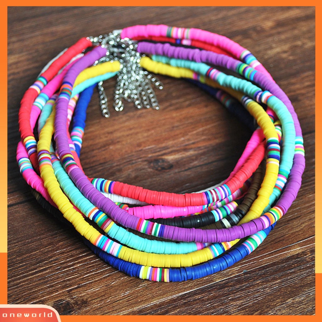 [ONE] Wanita Kalung Manik-Manik Warna-Warni Bohemian Polymer Clay Stackable Tahan Lama Kalung Kerah Untuk Pesta