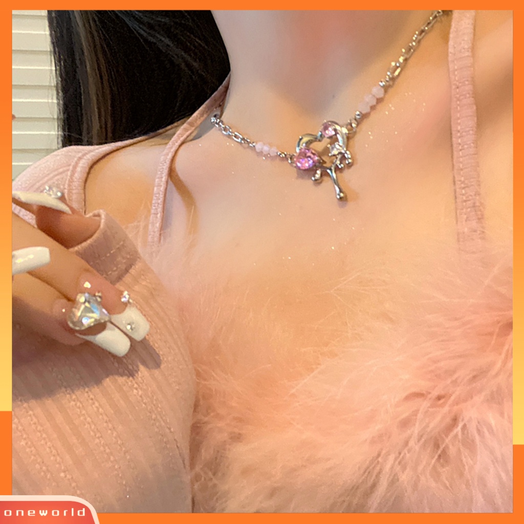 [ONE] Rantai Ekstensi Dapat Disesuaikan Paduan Lady Kalung Pink Cubic Zirconia Jantung Liontin Choker Kalung Perhiasan Aksesori