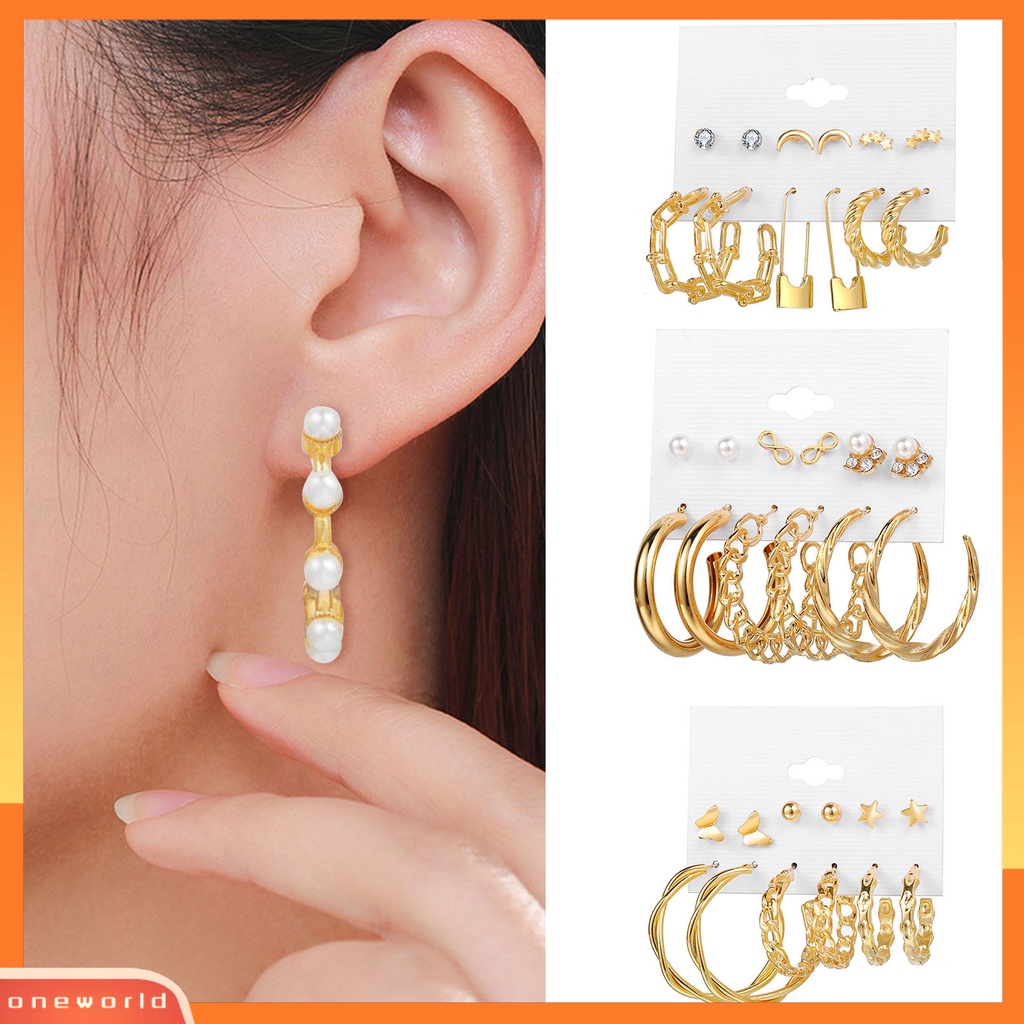 [ONE] 6pasang Anting Hoop Besar Mewah Elegan Mutiara Imitasi Emas Wanita Anting Set Aksesoris Fashion Hadiah