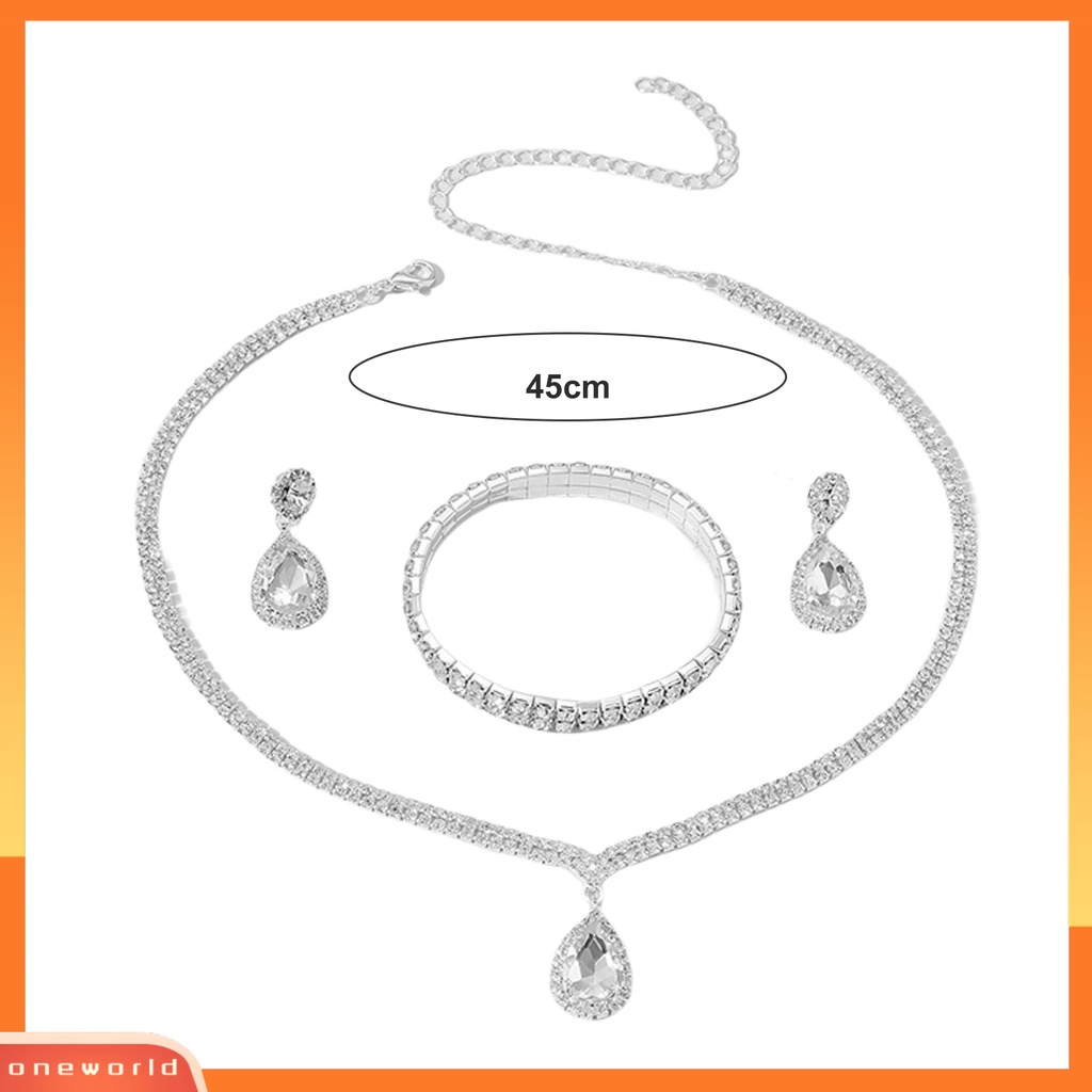 [ONE] 1set Wanita Kalung Tetesan Air Liontin Elegan Temperamen Mewah Berkilau Berlian Imitasi Menjuntai Anting Bangle Kit Perhiasan Pengantin