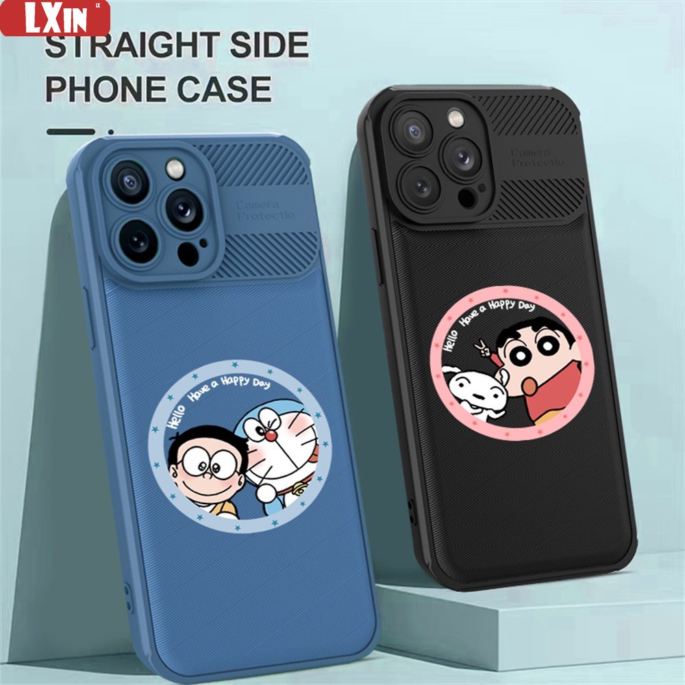 Case Serat Karbon Realme C55 C35 C33 C31 C21Y C25Y RealmeC25 C25S C15 C12 C3 C2 Realme 5 5i 5S 6i C3 Anime Doraemon Dan Crayon Shin-chan Cross Grain Phone Cover