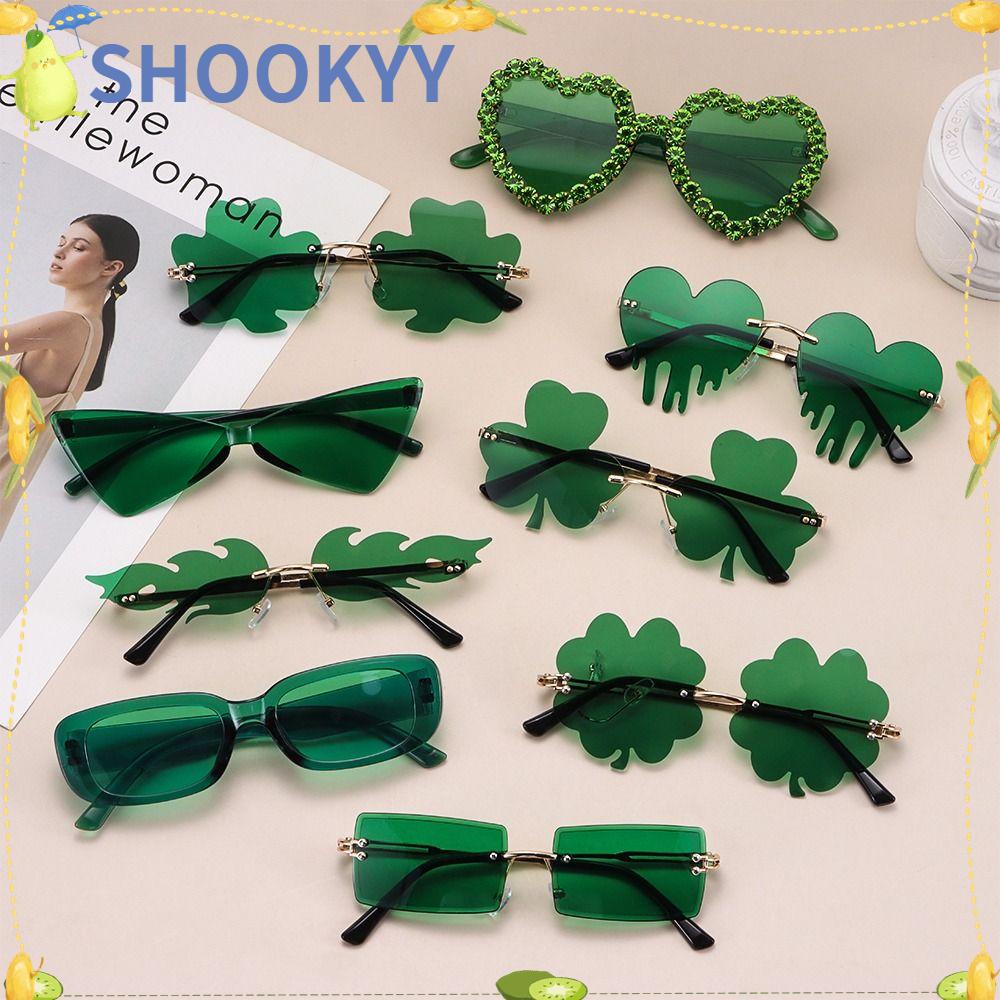 Chookyy Irish Shamrock Kacamata Hitam St. Patrick's Day Aksesoris Kacamata Matahari Wanita Pria Hijau Empat Daun Clover Glasses