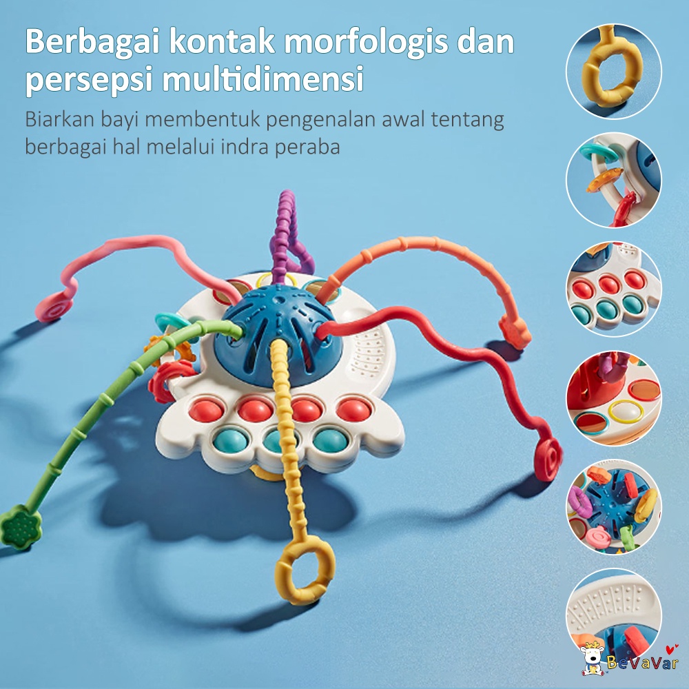 BEVAVAR 0-3thn Mainan Edukasi Mainan Pop It Teether Pull String Toy kerincingan bayi Bahan Silikon BPA free