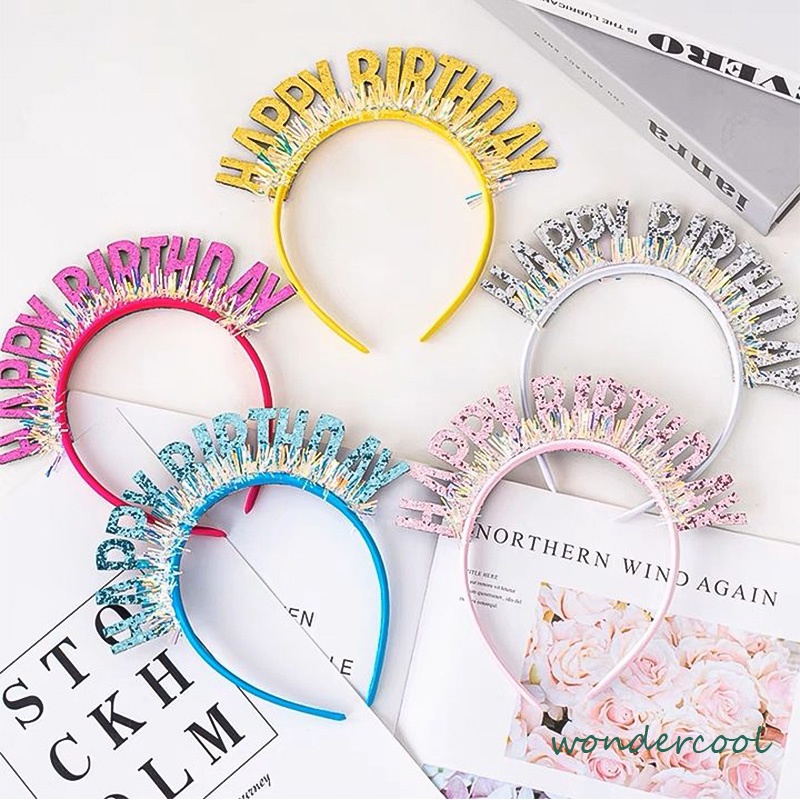 Bando Ulang Tahun Warna-warni Gaya Kreatif DIY Selamat Hairband Tata Letak Tempat Pesta Warna Cerah-Won