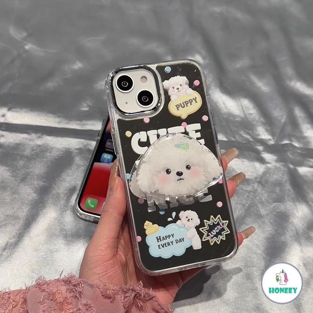 Lucu Huruf Puppy Cermin Ponsel Case Untuk iPhone 14 Pro Max13 11 12 Pro Max Kartun Anjing Berdiri Lembut TPU Penutup Belakang