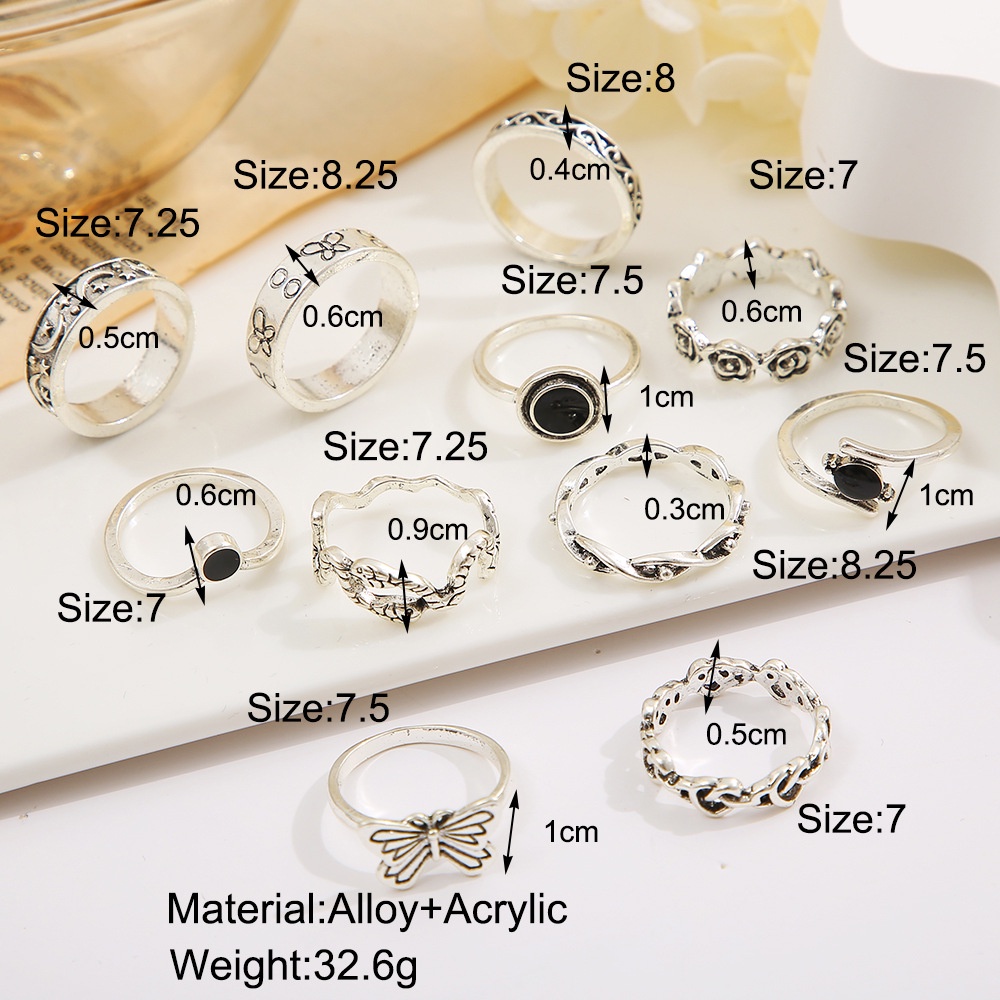 11pcs/set Vintage Antik Perak Bulan Bintang Cincin Set Untuk Wanita Butterfly Snake Flowers Joint Rings Perhiasan Hadiah