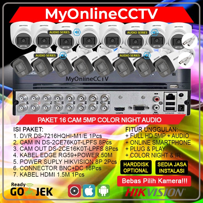 PAKET CCTV HIKVISION 16 CHANNEL KAMERA 5MP COLORVU AUDIO