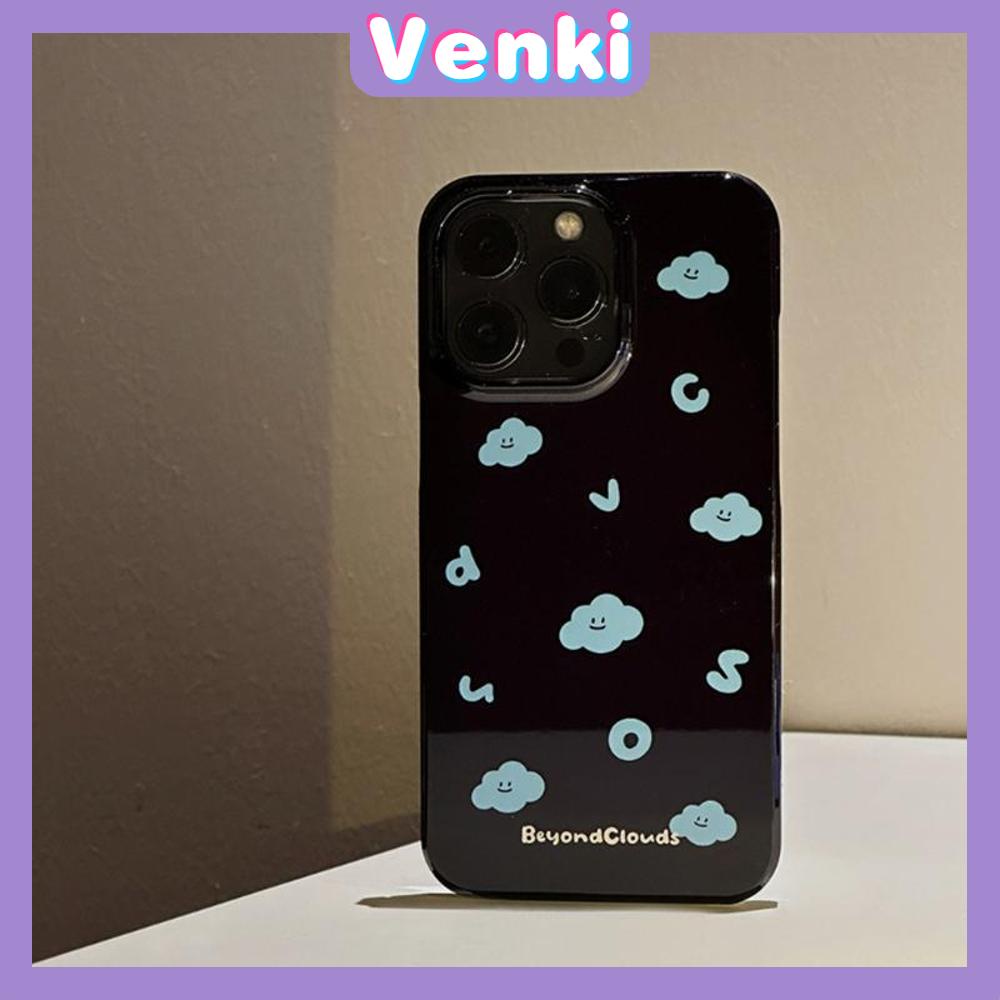 VENKI - Untuk iPhone 14 Pro Max iPhone Case Grip Berdiri Tersenyum Dudukan Lipat Hitam Glossy TPU Soft Case Huruf Biru Kompatibel dengan iPhone 13 Pro max 12 Pro Max 11 xr xs max 7 8Plus