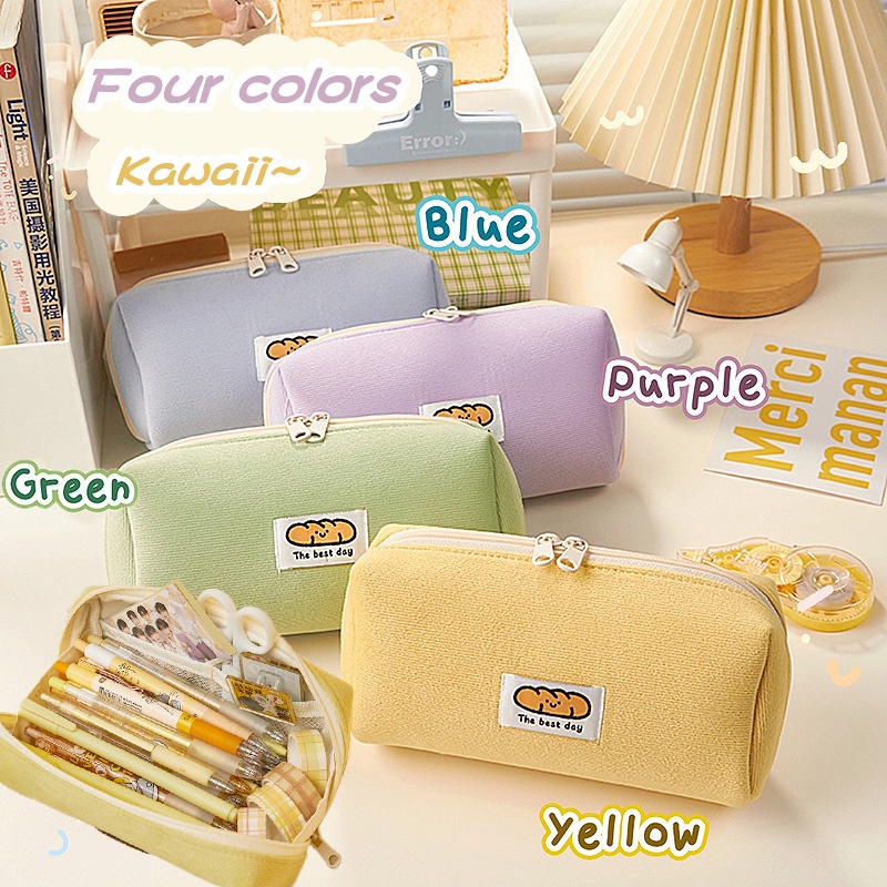 4warna Tas Pensil Kapasitas Besar Roti Lucu Ritsleting Ganda Pencil Case Cream Colore Untuk Kotak Penyimpanan Alat Tulis Siswa