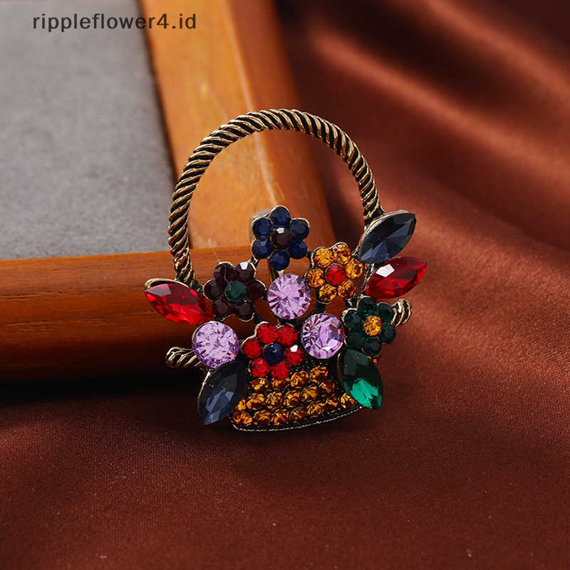 {rippleflower4.id} Vintage Indah Keranjang Bunga Bros Pin Untuk Wanita Fashion Berwarna Berlian Kristal Vintage Perhiasan Pakaian Dekorasi Alloy Pin Aksesoris~