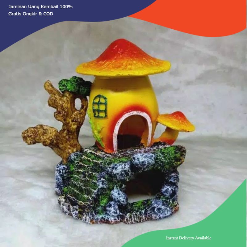hiasan aquarium rumah jamur, dekorasi aquarium jamur, hiasan aquarium jamur, hiasan fiber aquarium j