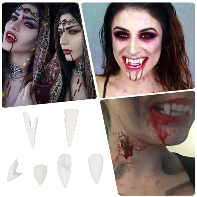 Gigi Palsu Taring Resin Dengan Lem Padat Halloween Gigi Vampir Taring Gigi Palsu Kostum Pesta DIY Cosplay Horror Cosplay Penyihir Taring Palsu Halloween Gigi Taring Gigi Palsu Alat Peraga