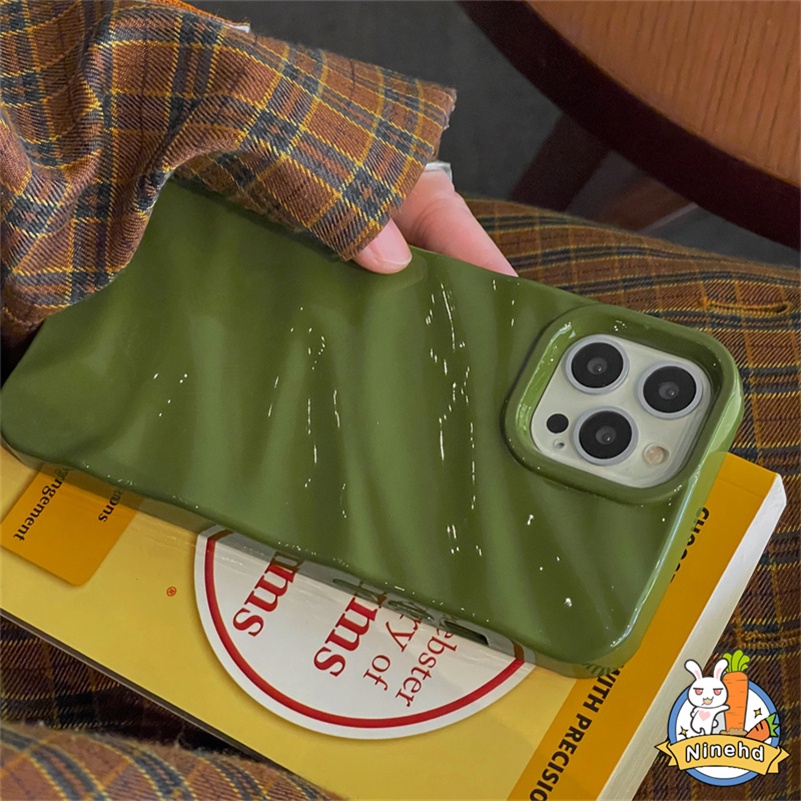 Simple Ins Premium Avocado Green 3D Lipit Gelombang iPhone Case Kompatibel Untuk Iphone14 13 12 11 Pro Max X Xr Xs Max8 7 6 6s Plus SE 2020karet Shockproof Phone Case Soft TPU Cover
